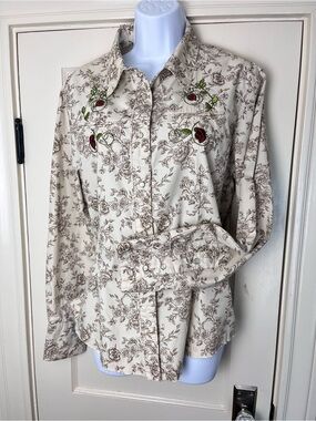 Country Royalty Floral Button-Up Cowgirl Cotton Shirt embroidered horse print XL